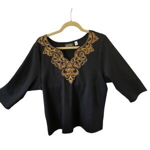 Bob Mackie Wearable Art Top Women’s Large,Black w/Gold Filagree Neckline Trim